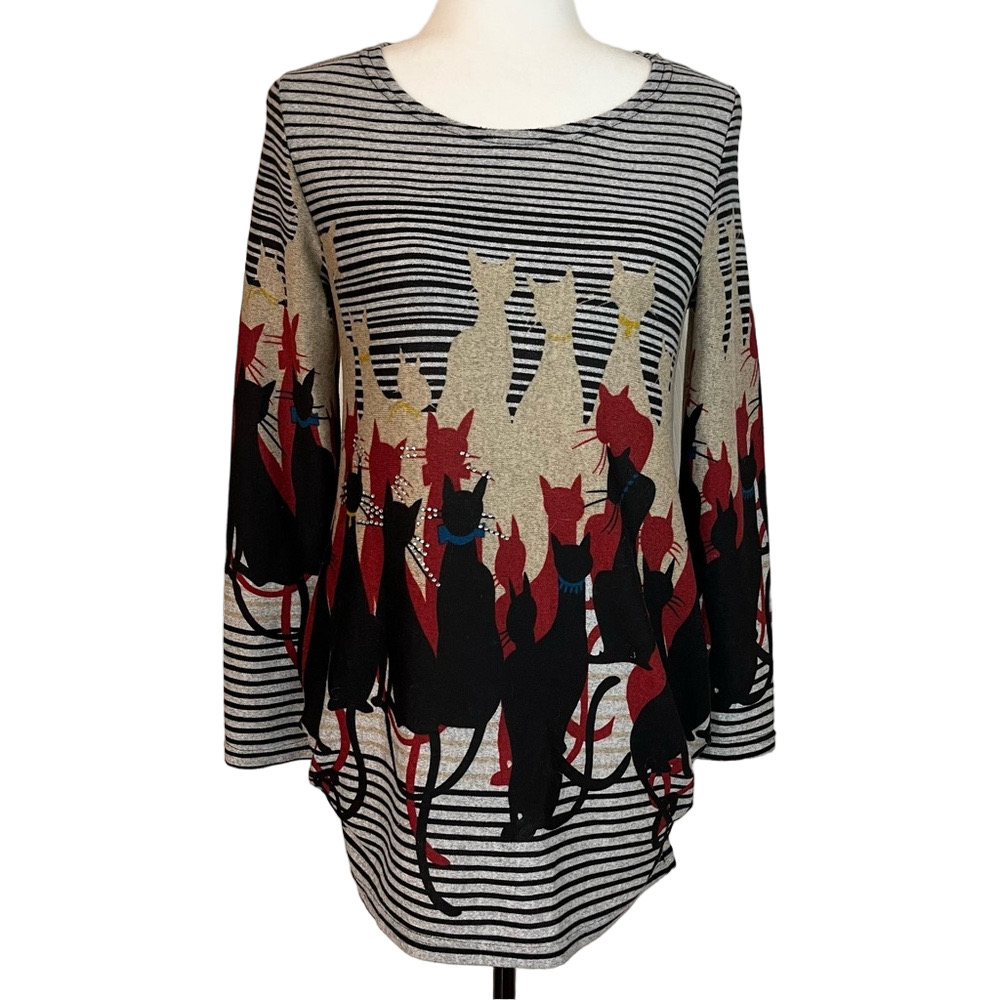 La Madona Women's Cat Graphic Rhinestone Tunic Top Small Stretch Soft Kitty